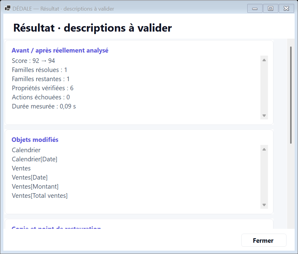 Résultat natif d’une correction de descriptions BIM sur une fixture de test, avec scores avant et après réellement recalculés et restauration disponible