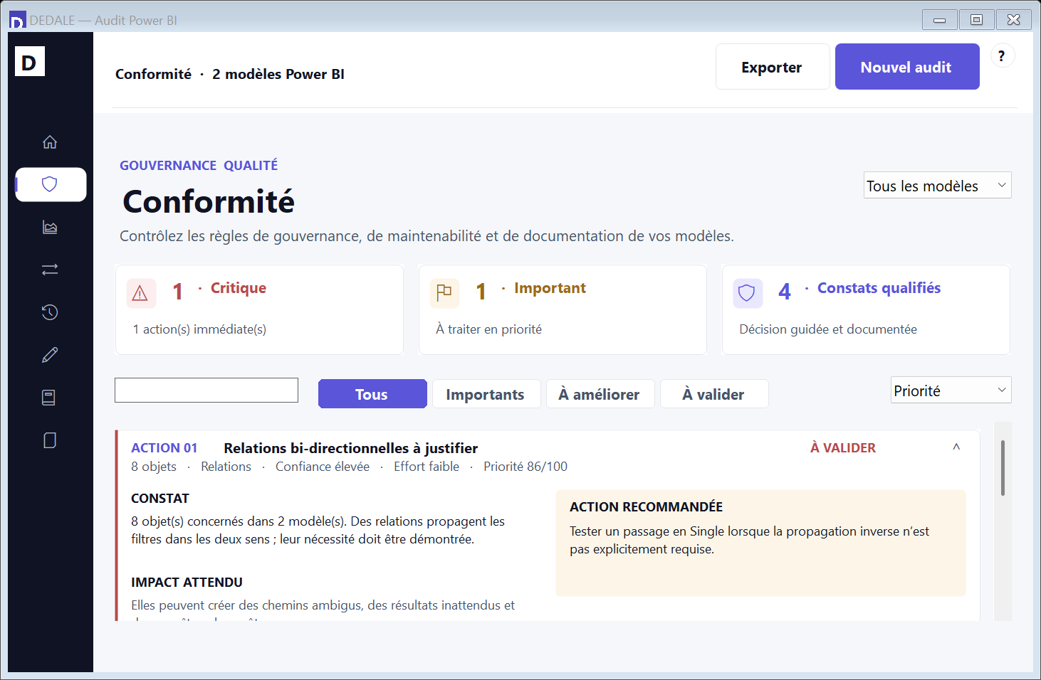 Écran réel Conformité présentant les actions prioritaires et leurs recommandations