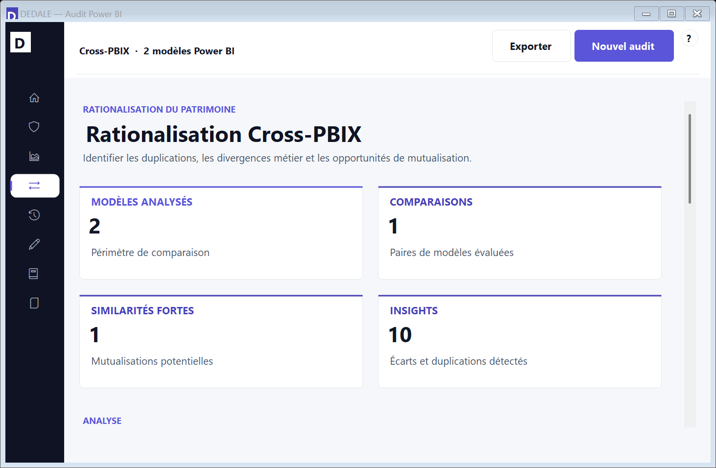 Écran Cross-PBIX réel comparant deux modèles et affichant leurs similarités structurelles