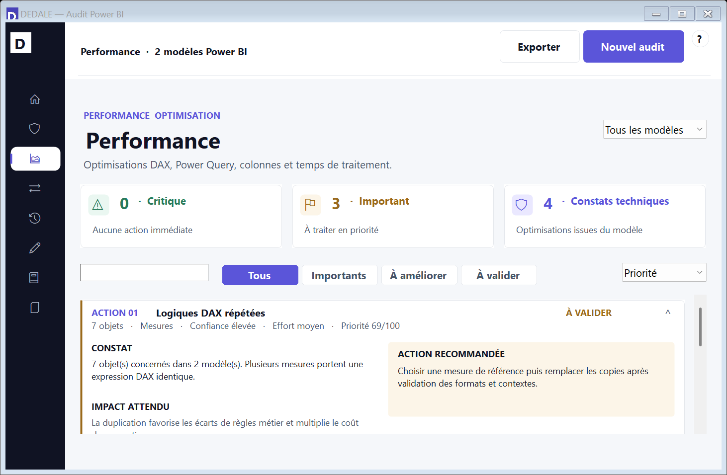 Écran réel Performance avec les logiques DAX répétées, les requêtes Power Query dupliquées et les actions recommandées