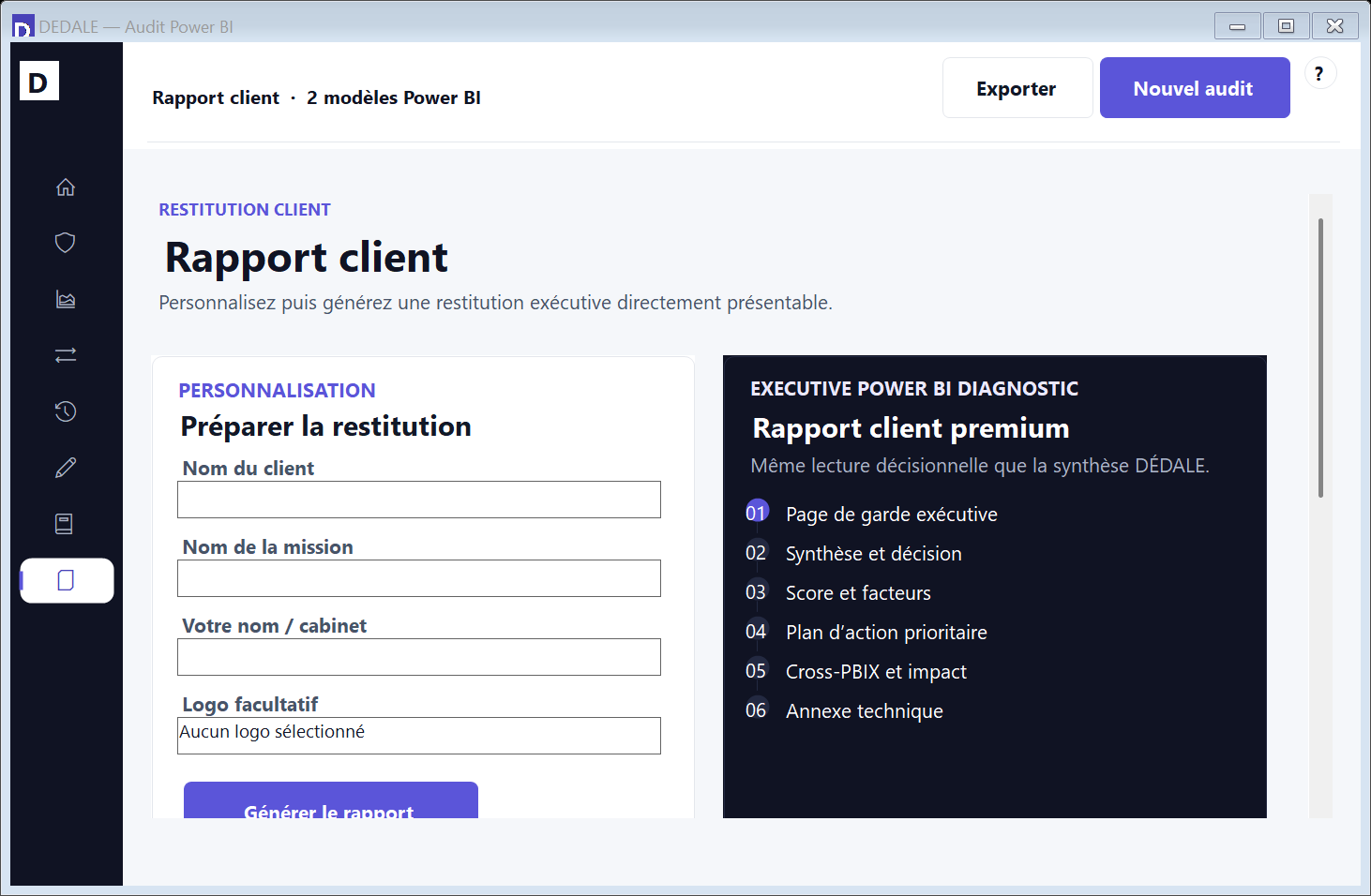Écran réel de génération du rapport client DÉDALE en PDF et HTML