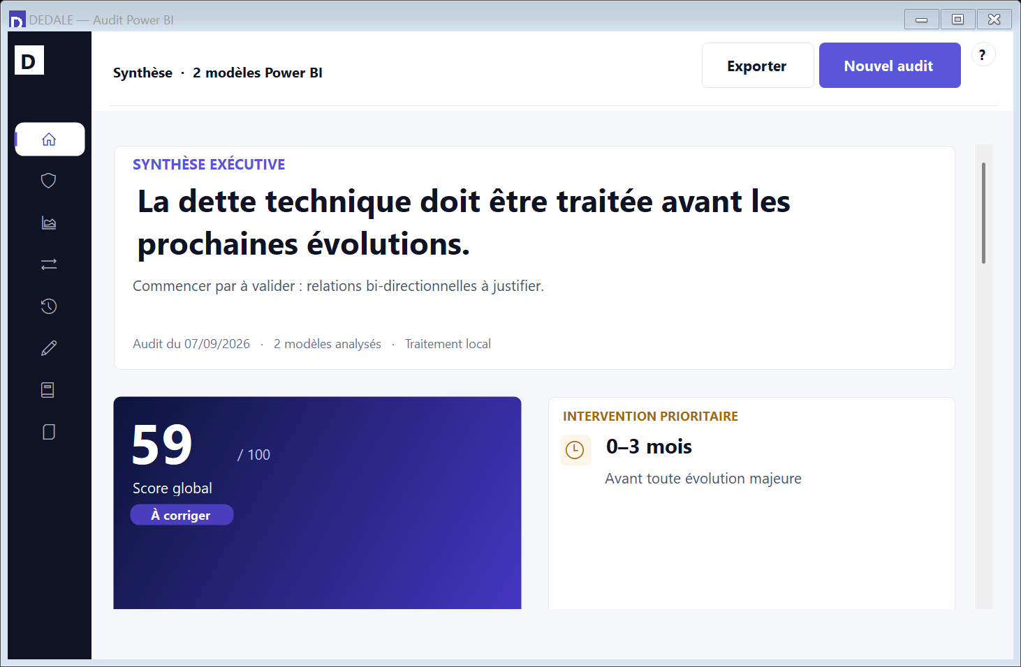 Capture native de DÉDALE sur des modèles de test : score de santé, risques et action prioritaire